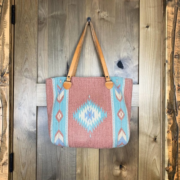 Manos Zapotecas Handbags - Manos Zapotecas Pink & Turquoise Wool Southwest Tote Bag Purse